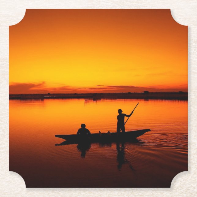 Sunset Rowing Boat Silhouette on the Sea-16497 Paper Coaster (Front)