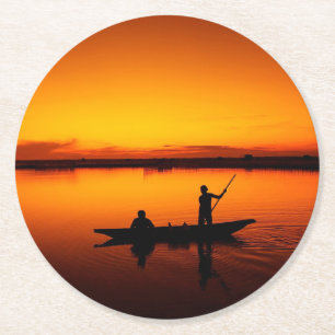 Sunset Rowing Boat Silhouette on the Sea-16497 Round Paper Coaster