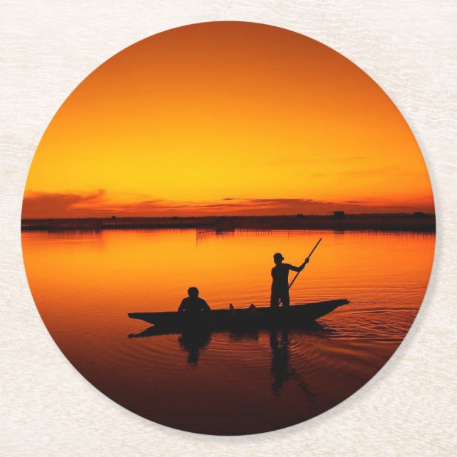Sunset Rowing Boat Silhouette on the Sea-16497 Round Paper Coaster (Front)