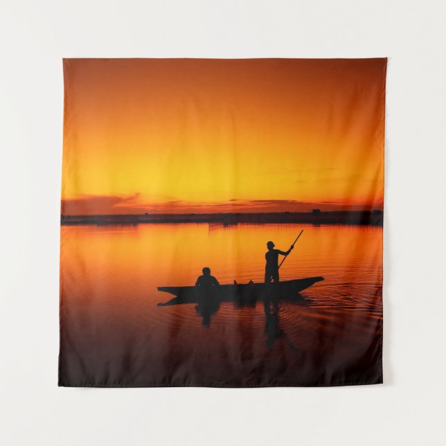 Sunset Rowing Boat Silhouette on the Sea-16497 Tapestry (Front)