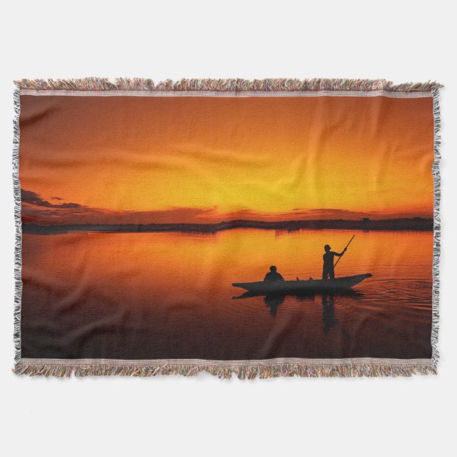 Sunset Rowing Boat Silhouette on the Sea-16497 Throw Blanket (Front)
