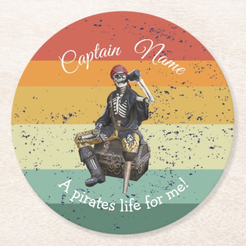 Sunset Rum Skeleton Pirate Party  Round Paper Coaster