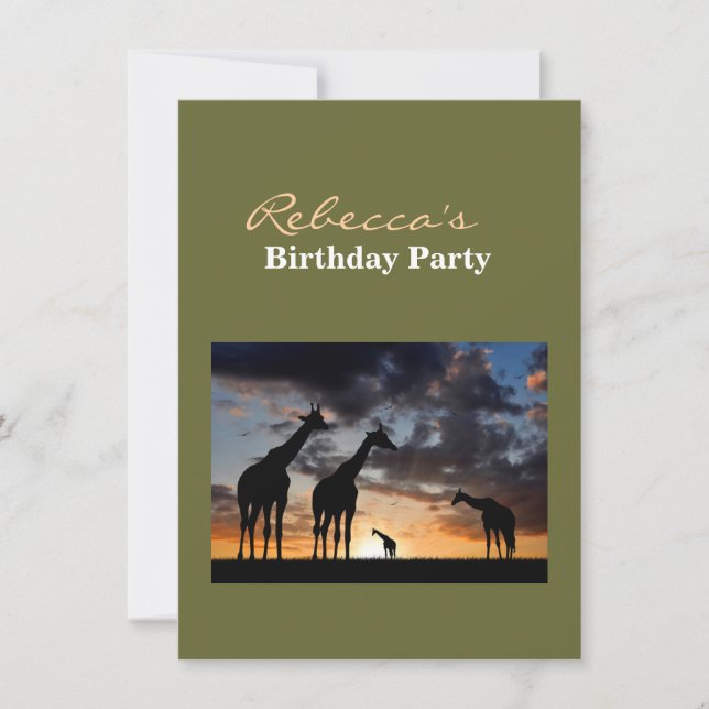 sunset safari wild animal giraffe silhouette invitation (Front)