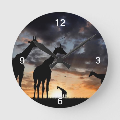 sunset safari wild animal giraffe silhouette round clock