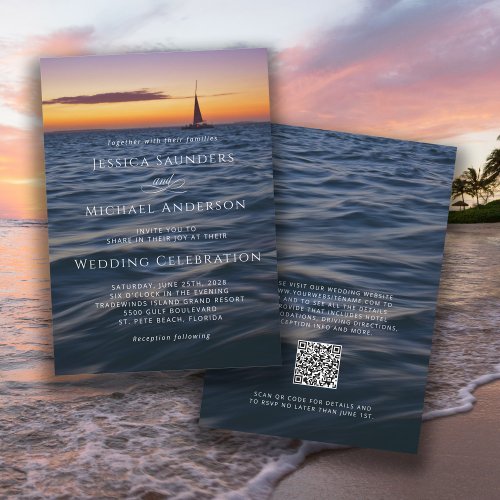 Sunset Sail Modern Nautical Wedding with QR code Invitation