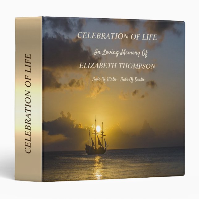 Sunset Sailboat Beach Celebration of Life 3 Ring Binder (Front/Spine)