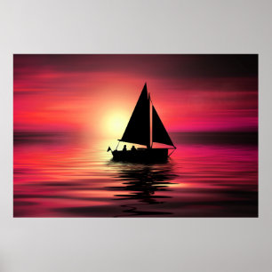 Sunset Sailing Boat On The Sea Art Design-39186 Poster