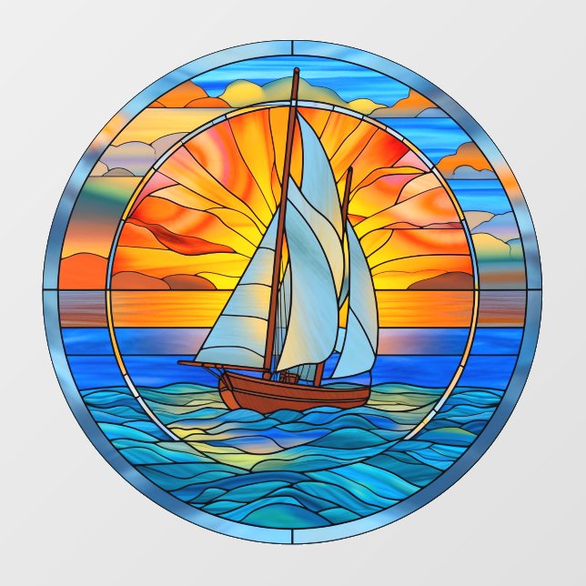 Sunset Sailing Into the Horizon Faux Stained Glass Window Cling (Sheet)