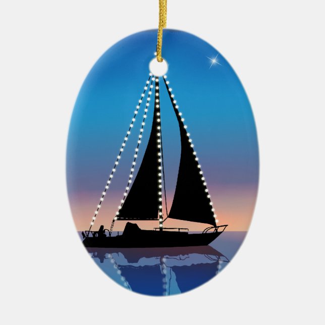 Sunset Sails with Holiday Lights Ceramic Ornament (Front)