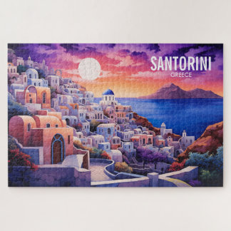 Sunset Santorini Island Illustration | Travel Art Jigsaw Puzzle