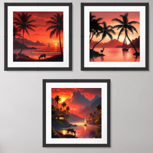 Sunset Scenery with Palm Trees-58364 Wall Art Sets