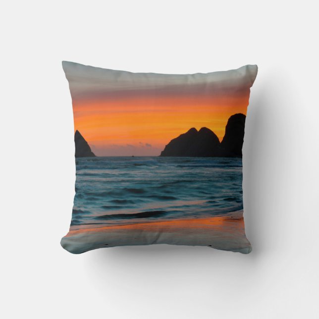 Sunset, Sea Stacks, Oceanside, Oregon, USA Throw Pillow (Front)