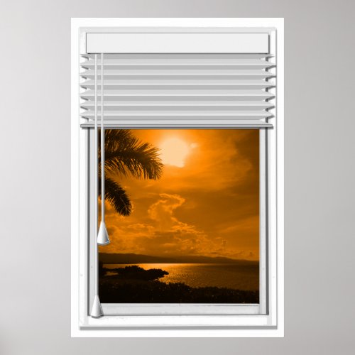 Sunset Sea View Faux Window With Blinds Poster