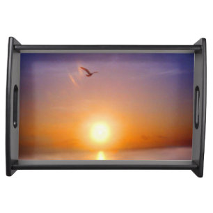 Sunset Sea with Lone Seagull Serving Tray