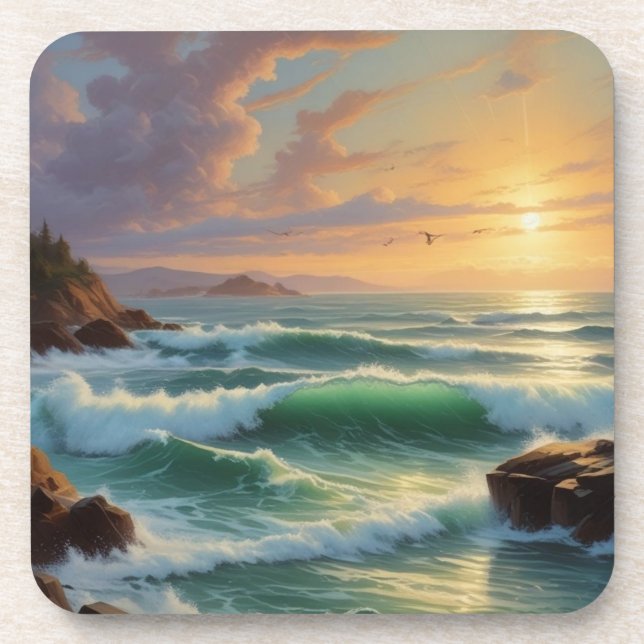 Sunset Seascape Painting Artwork Beverage Coaster (Front)