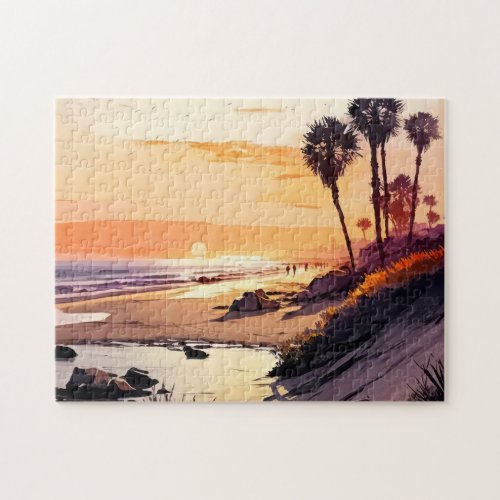Sunset Seascape Palm Trees Beach Watercolor Jigsaw Puzzle