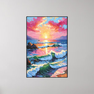 Sunset Seascape with Palm Trees and Boat Abstract Canvas Print