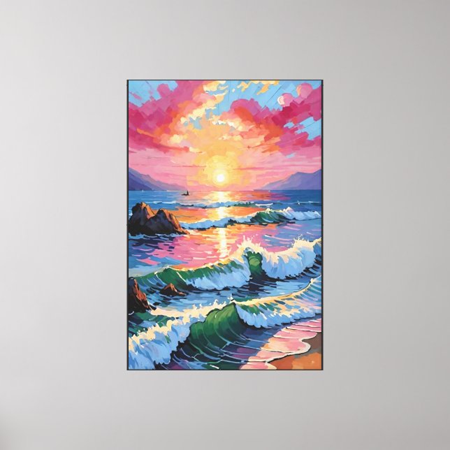 Sunset Seascape with Palm Trees and Boat Abstract Canvas Print (Front)