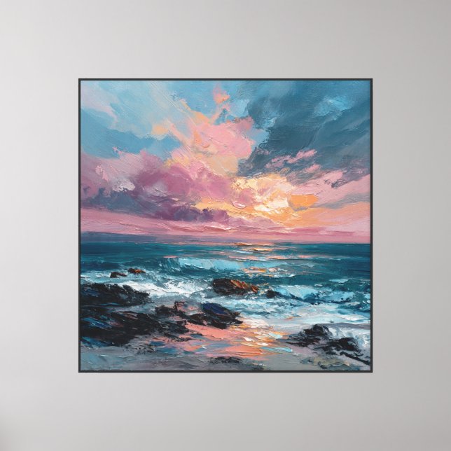Sunset Seascape with Waves and Rocks – Abstract  Canvas Print (Front)