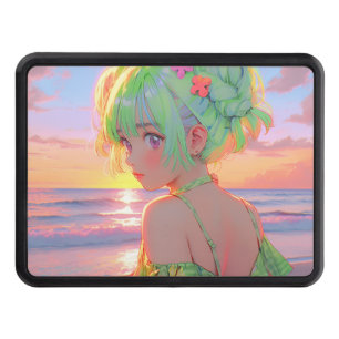 Sunset Seaside Anime Girl with Mint Hair Buns Hitch Cover