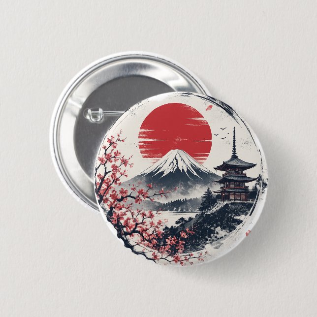 Sunset Serenity at Mount Fuji – Japanese Ink Art  Button (Front & Back)