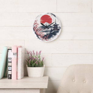 Sunset Serenity at Mount Fuji – Japanese Ink Art Large Clock