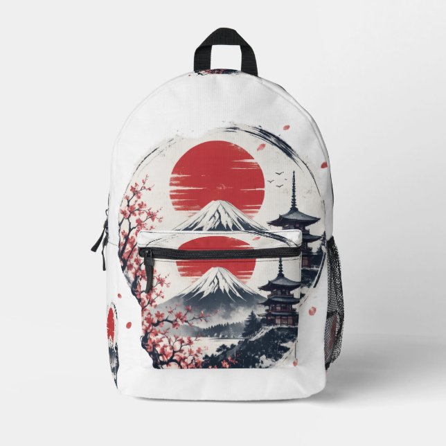 Sunset Serenity at Mount Fuji – Japanese Ink Art  Printed Backpack (Front)