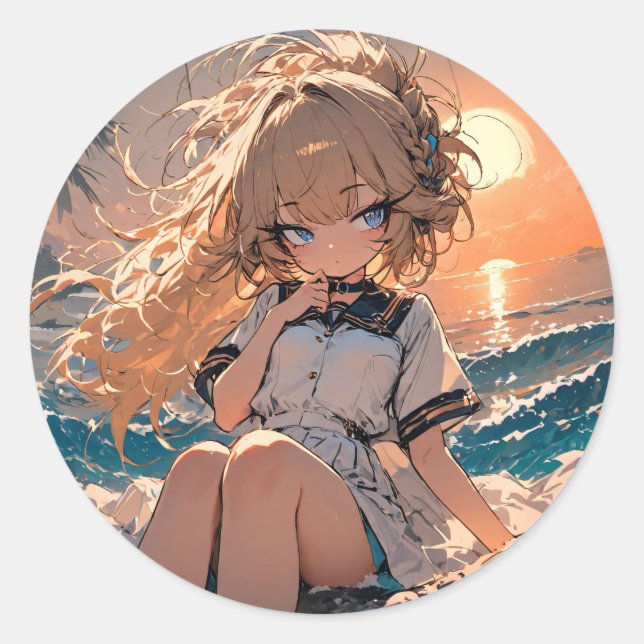 Sunset Serenity: Beach Girl Art Classic Round Sticker (Front)