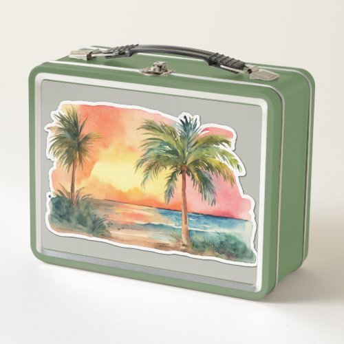 Sunset Serenity Tranquil Beach T_Shirt Designs Metal Lunch Box