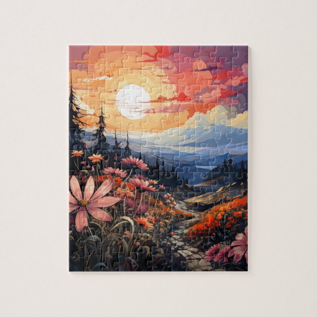 Sunset Serenity: Vibrant Wildflowers and Mountains Jigsaw Puzzle (Vertical)