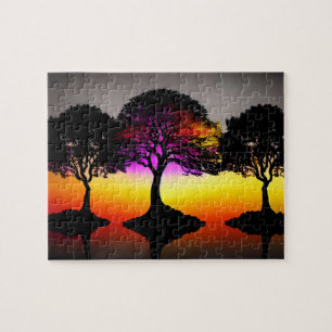 Sunset Silhouette Art with Colorful Sunset Jigsaw Puzzle