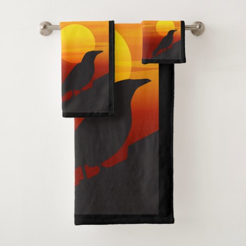 Sunset Silhouette Black Bird_ Raven Bath Towel Set