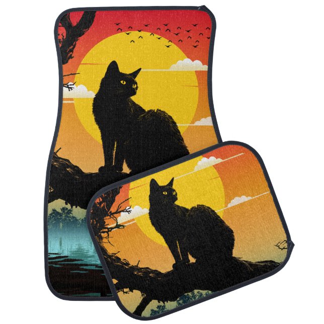 Sunset Silhouette Cat And Tree Car Floor Mat (Set)