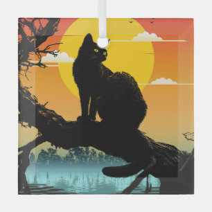 Sunset Silhouette Cat And Tree Glass Ornament