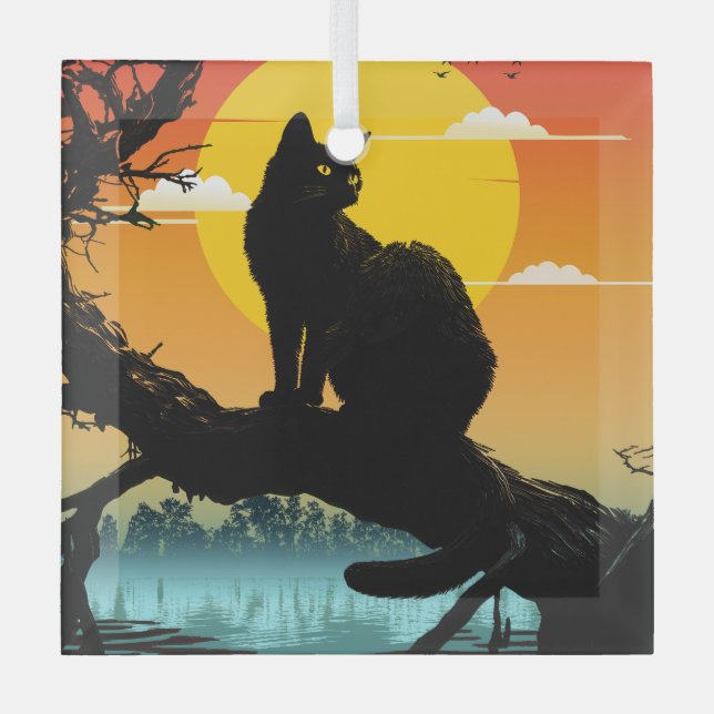 Sunset Silhouette Cat And Tree Glass Ornament (Front)
