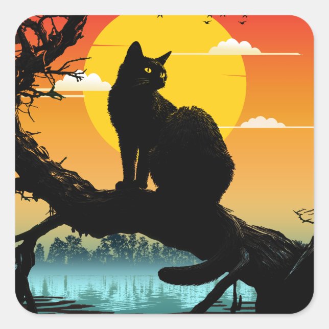Sunset Silhouette Cat And Tree Square Sticker (Front)