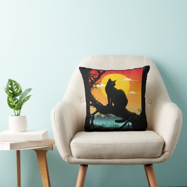 Sunset Silhouette Cat And Tree Throw Pillow (Chair)