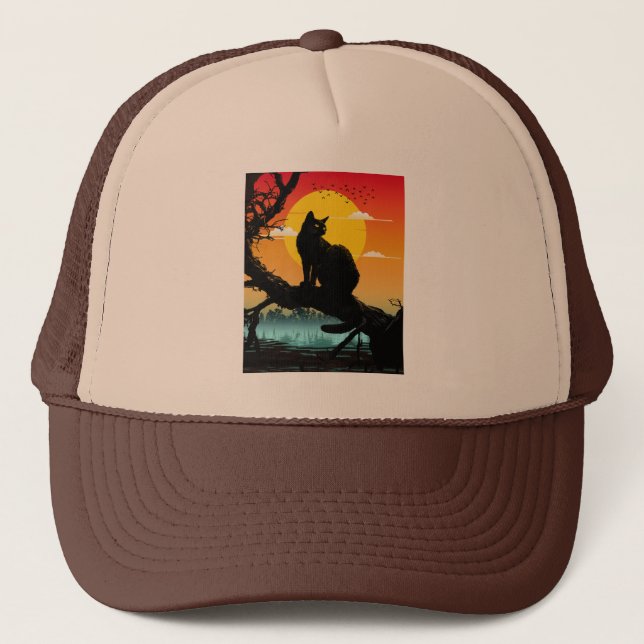 Sunset Silhouette Cat And Tree Trucker Hat (Front)