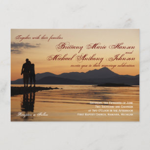 Sunset Silhouette Couple Lake Wedding Invitations