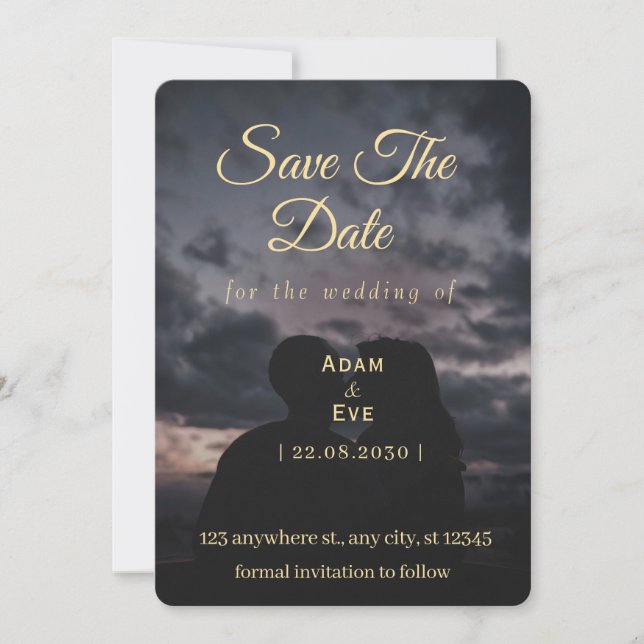 Sunset Silhouette Gold Save The Date Card (Front)