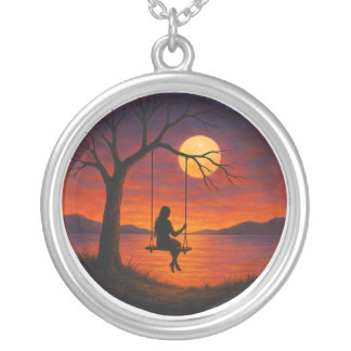 Sunset Silhouette Swing Art Silver Necklace