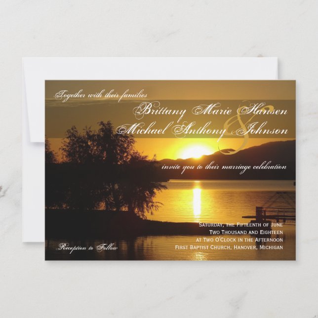 Sunset Silhouette Tree Lake Wedding Invitations (Front)