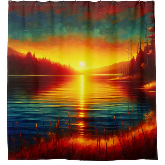 “Sunset Silhouettes Over Water” Shower Curtain (Front)