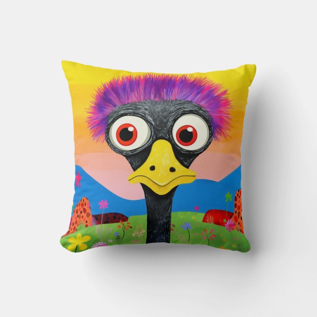 Sunset Silly Ostrich Throw Pillow (Front)