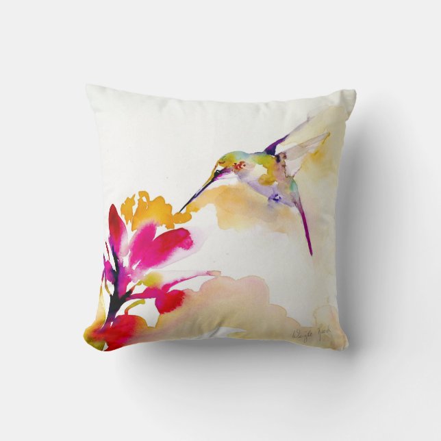 "Sunset Sip" Hummingbird Print on Throw Pillow (Front)