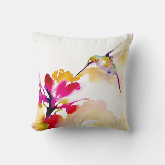 "Sunset Sip" Hummingbird Print Throw Pillow (Front)
