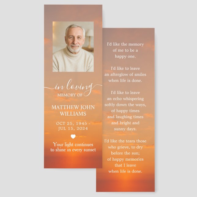 Sunset Sky Male Photo Funeral Memorial Bookmark (Front & Back)