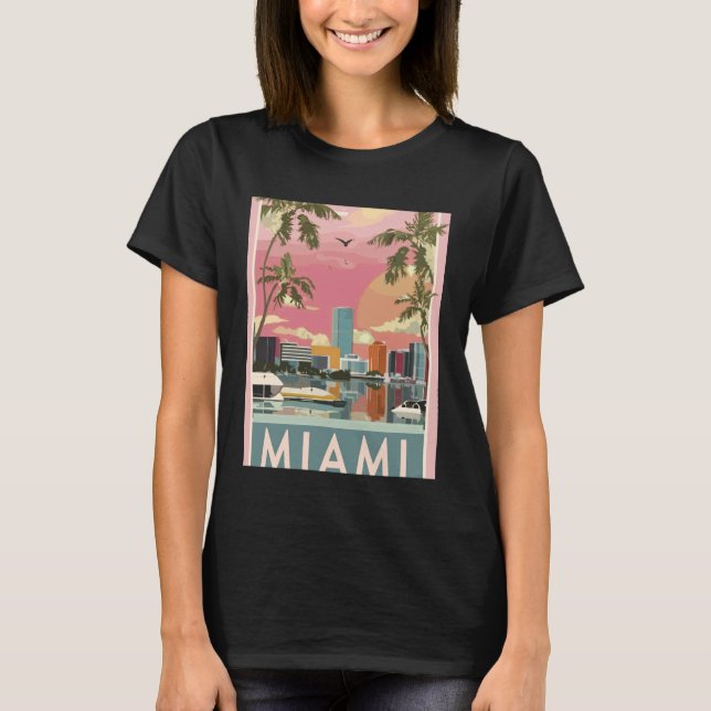 Sunset Sky Over Miami Skyline & Palm-Lined Bay Tra T-Shirt (Front)