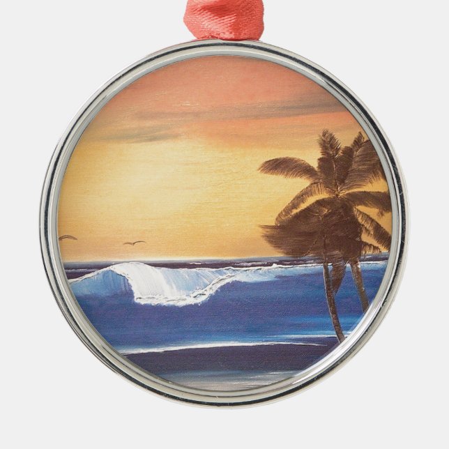 Sunset Sky, Palms & Ocean Metal Ornament (Front)