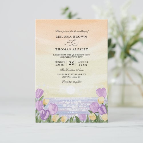 Sunset Sky Tulip Flowers Budget QR Code Wedding Invitation